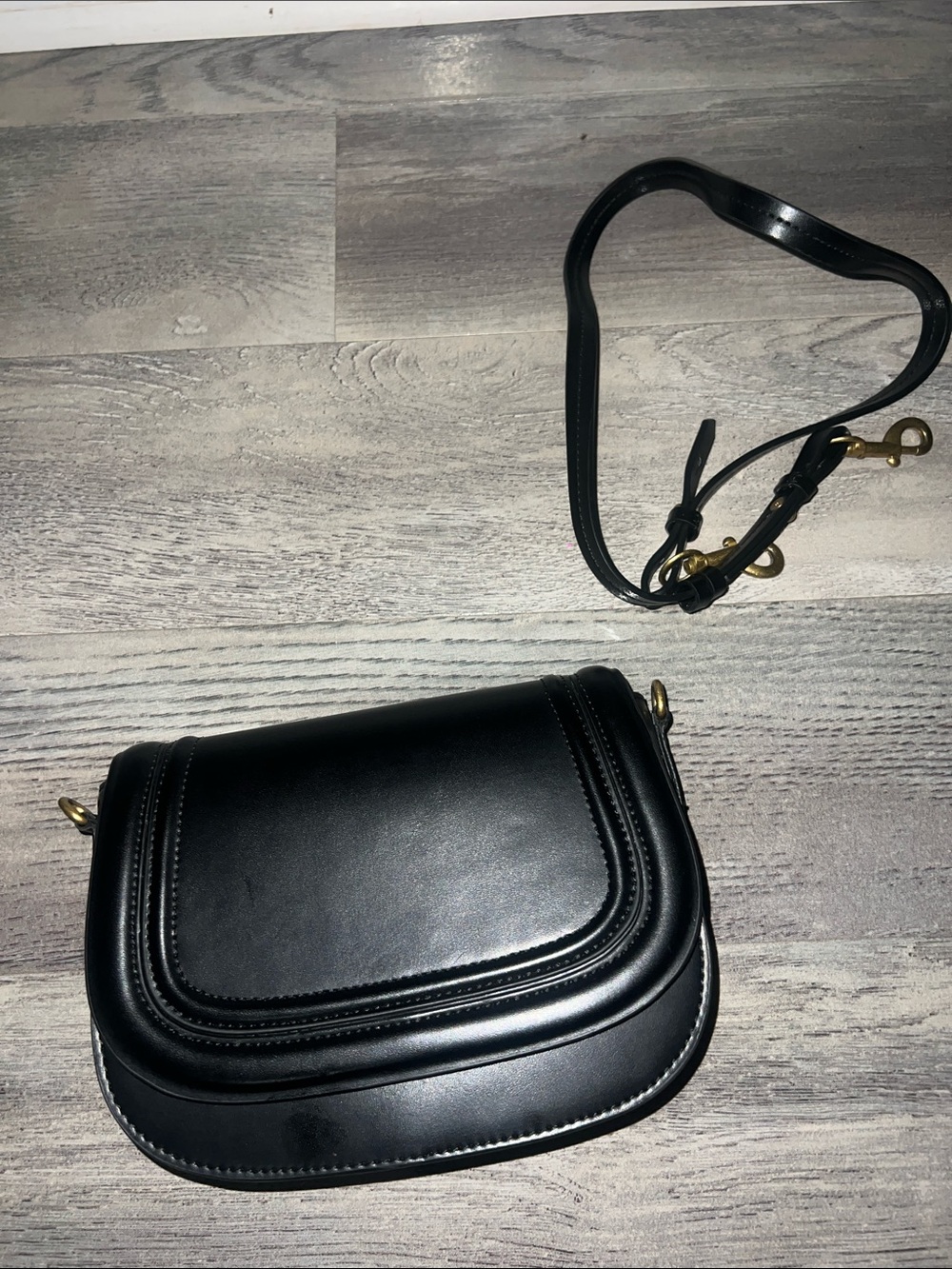 Zara Black Leather Crossbody Saddle Bag with Gold Hardware